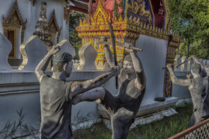 Thailand, Bang Khonthi District, 06.07,2019 Statues of fighters of the ancient Thai martial art Muay Boran in the temple of Bang Kung Camp | Gracie Barra of Orem